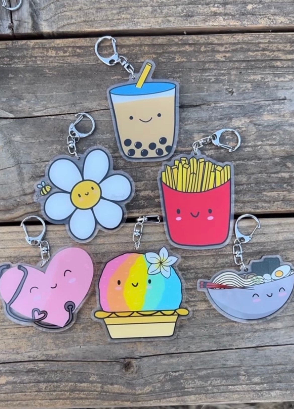Boba, French Fries, Daisy, Shaved Ice, Heart, and Ramen Keychain